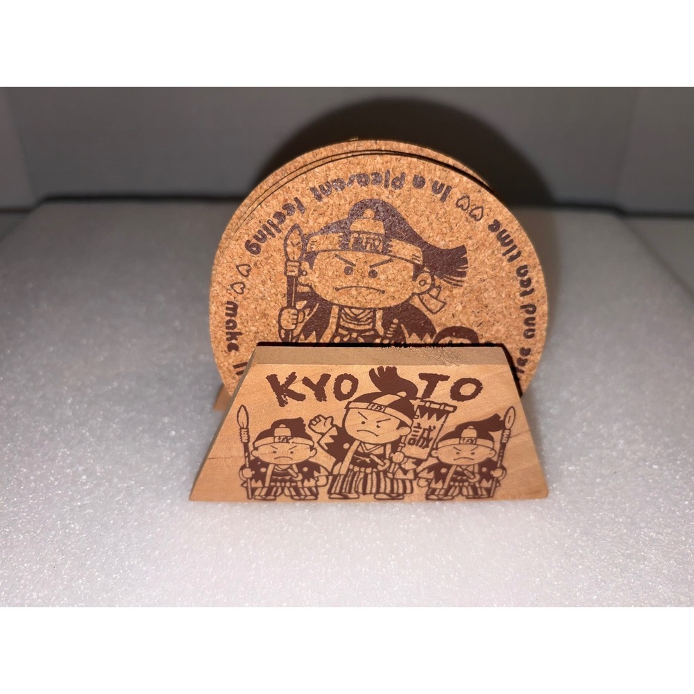 Vintage Japanese Shinsengumi Kyoto Cork Coaster Set with Wooden Stand (Set of 4)